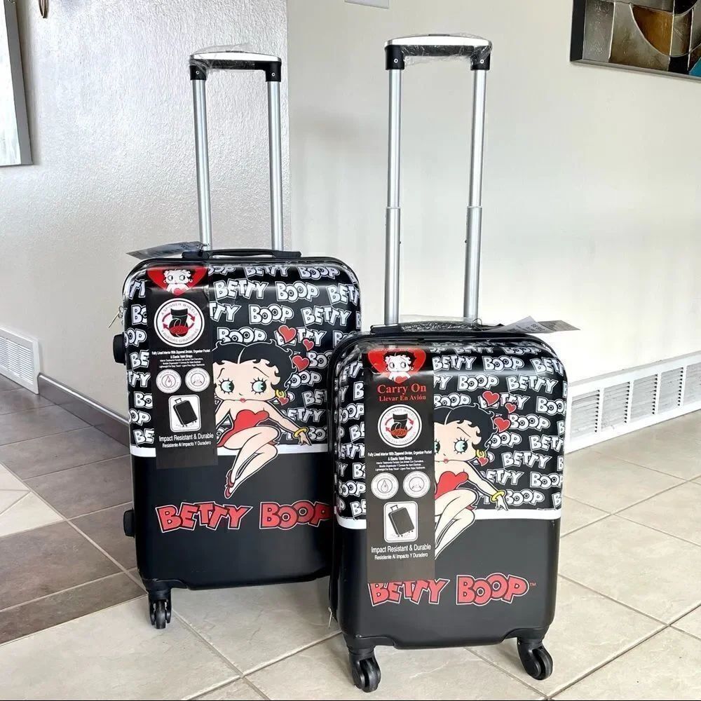 NWT Betty Boop 2 Pc 25” & 21” Luggage Suitcase Black Red White Spinner Set New